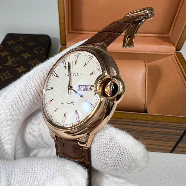 Cartier Ballon Bleu Brown Gold Round Case Rose Mechanical Watch 6