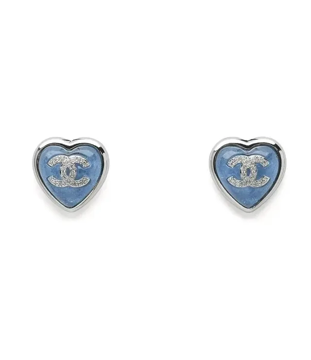 Chanel Bijoux Fantaisie Boucles d'oreilles en forme de cœur rose bleu remplies d'émail 7