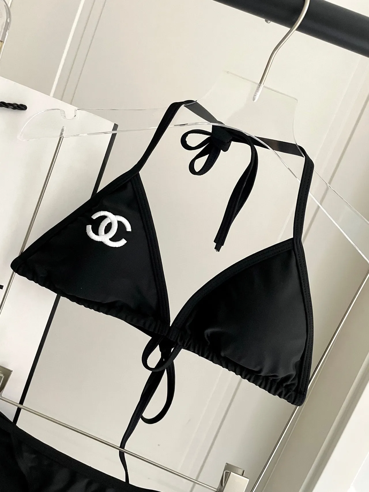 Chanel Black White Halter Triangle Top Side-Tie Bottoms Swimwear 9