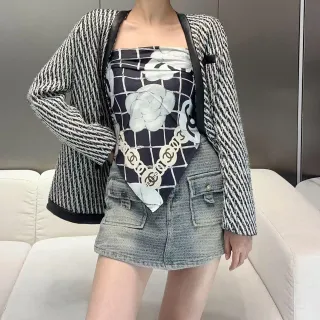 Chanel Black White Herringbone Tweed Leather Trim Blazer