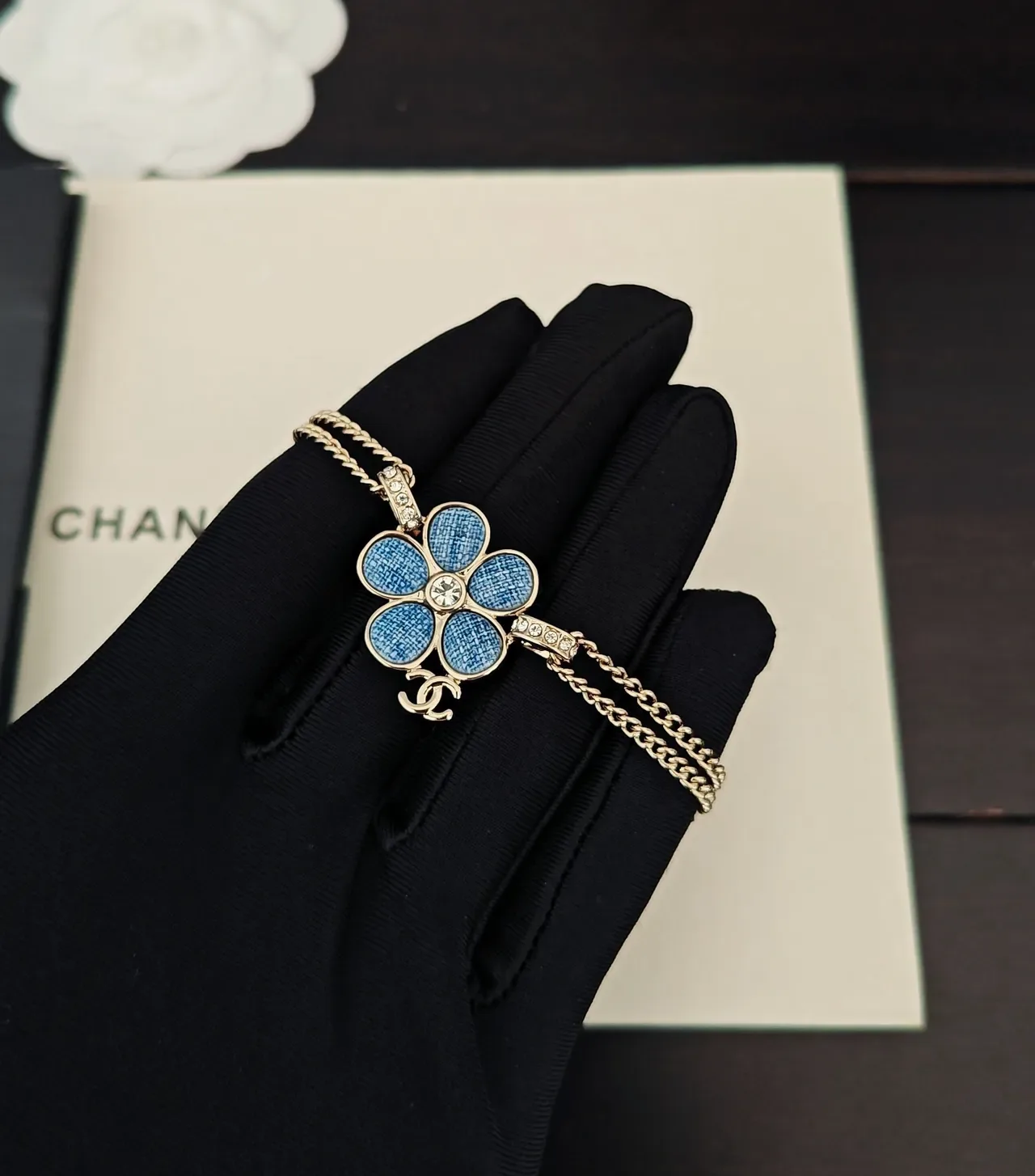 Chanel Blue Gold Flower-Shaped Denim-Textured Enamel Necklace 2