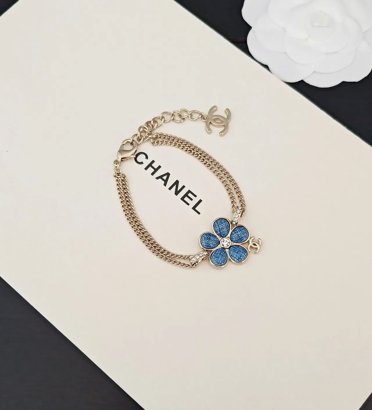 Chanel Blue Gold Flower-Shaped Denim-Textured Enamel Necklace 4