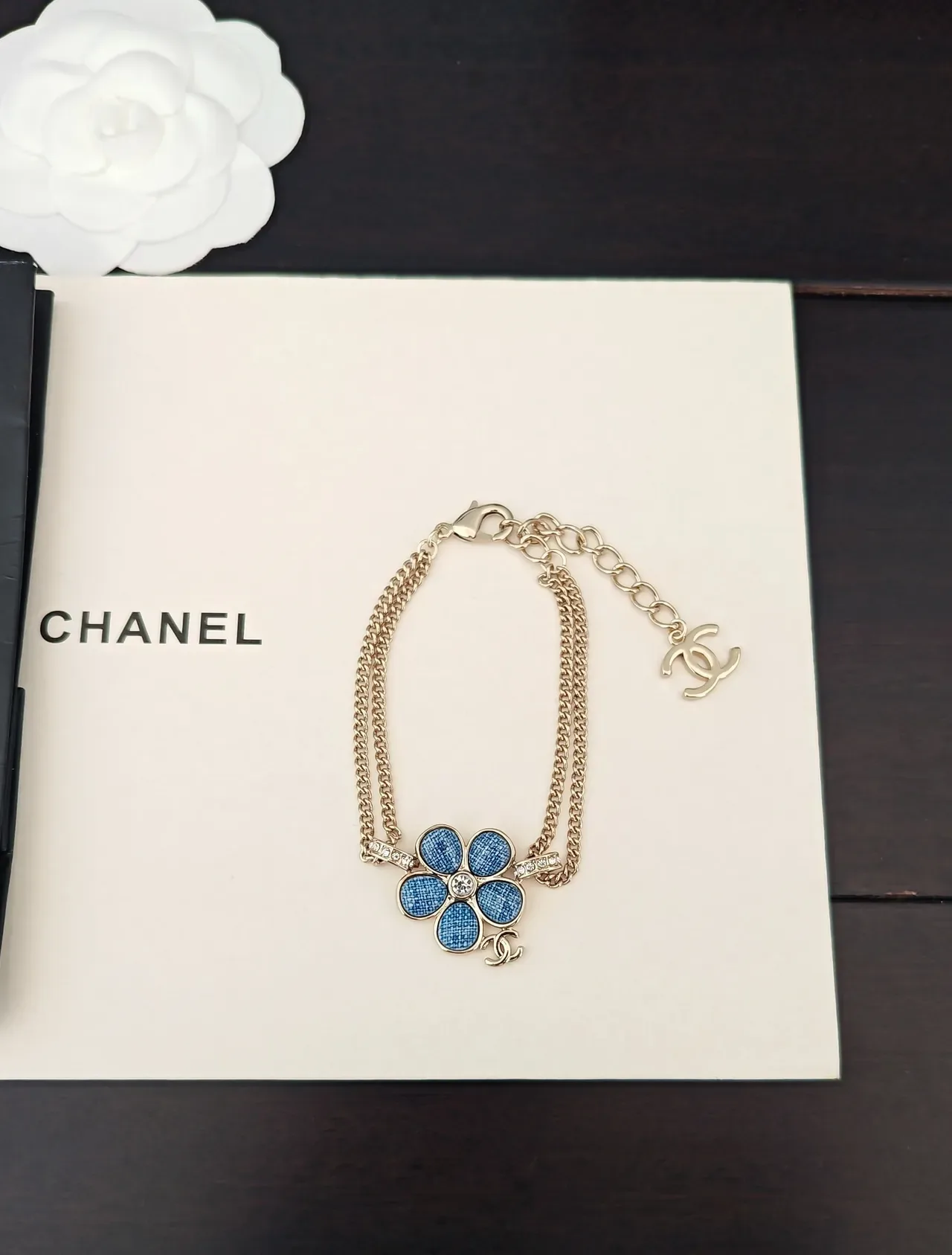 Chanel Blue Gold Flower-Shaped Denim-Textured Enamel Necklace 5