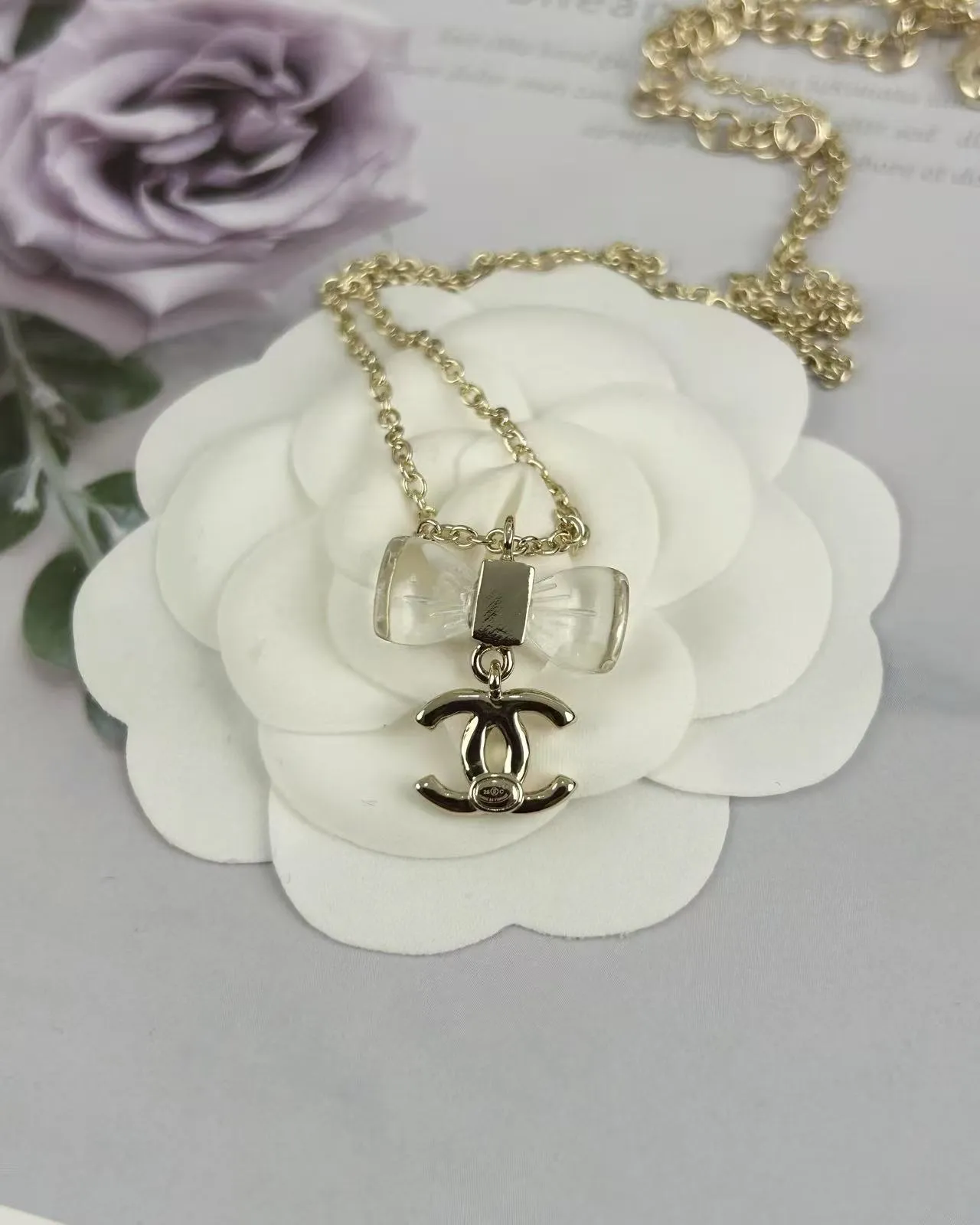 Chanel Bow & CC Gold Transparent Chain Accent Necklace 2
