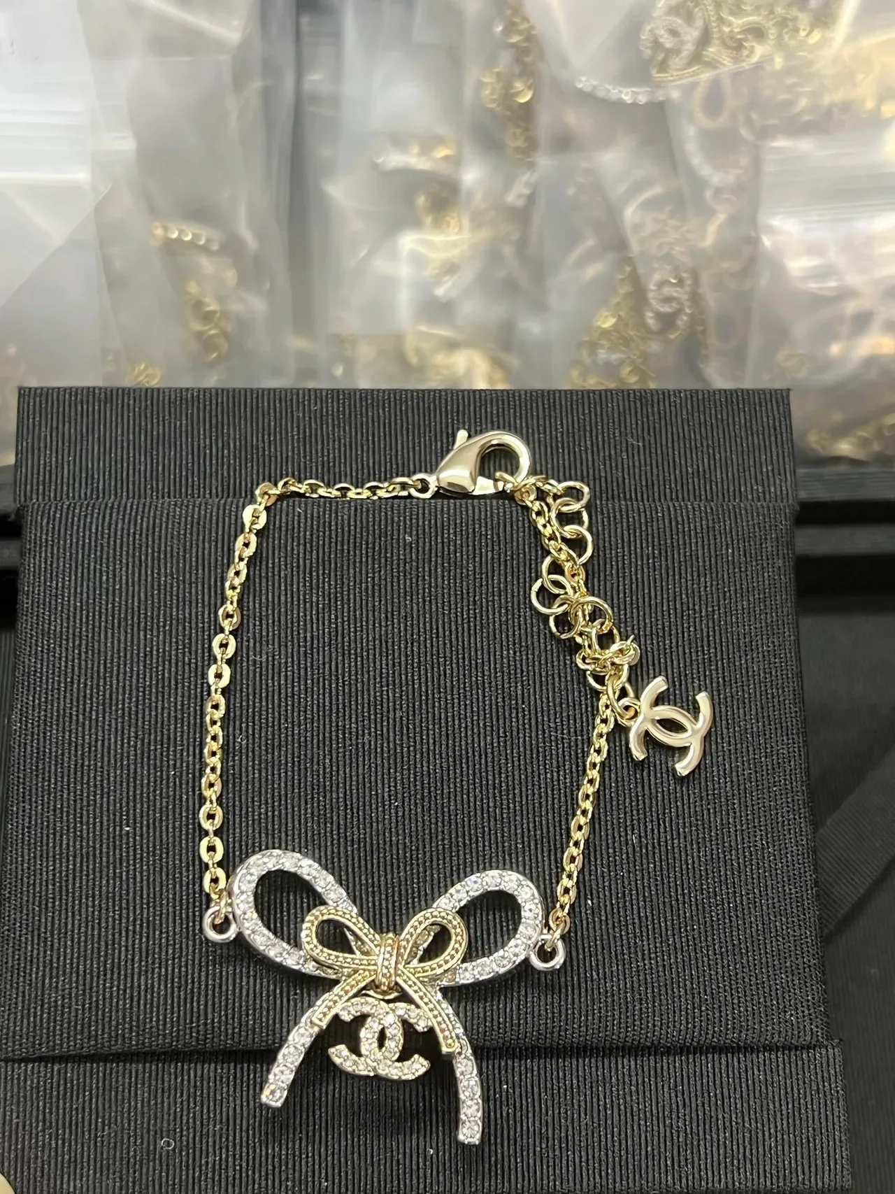 Chanel Bow Crystal Pendant Gold-Tone Chain Bracelet 2