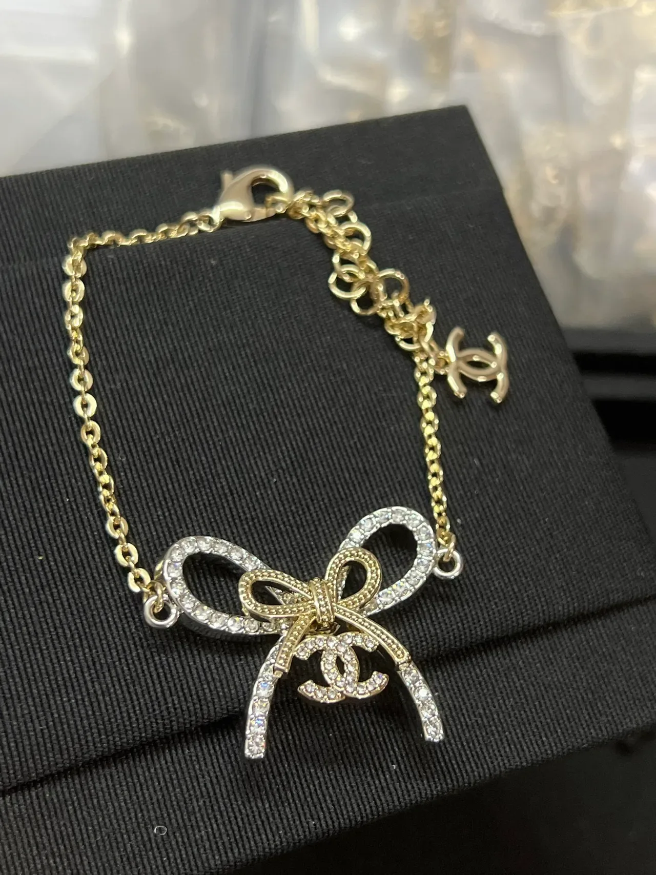 Chanel Bow Crystal Pendant Gold-Tone Chain Bracelet 3