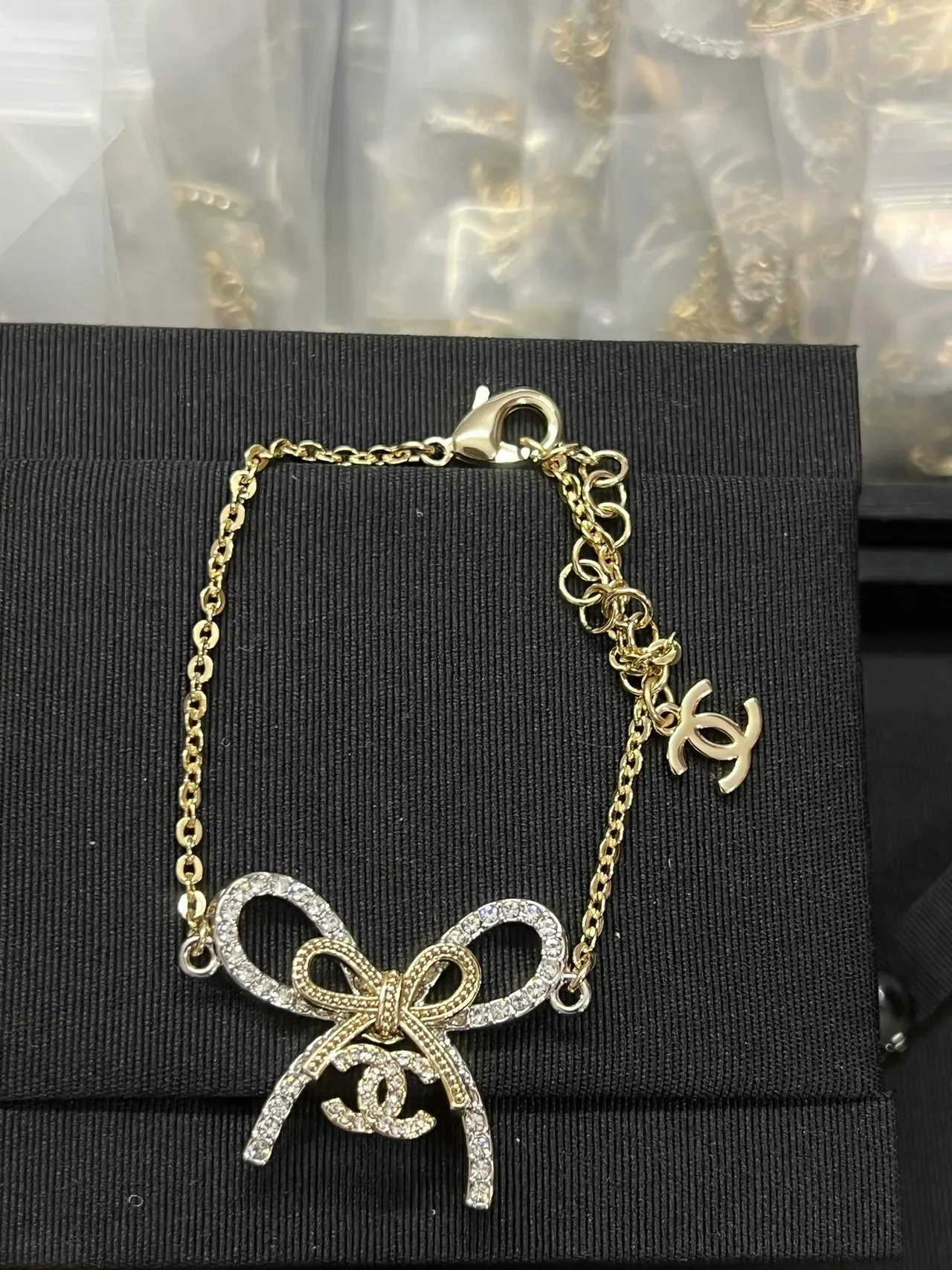 Chanel Bow Crystal Pendant Gold-Tone Chain Bracelet 4
