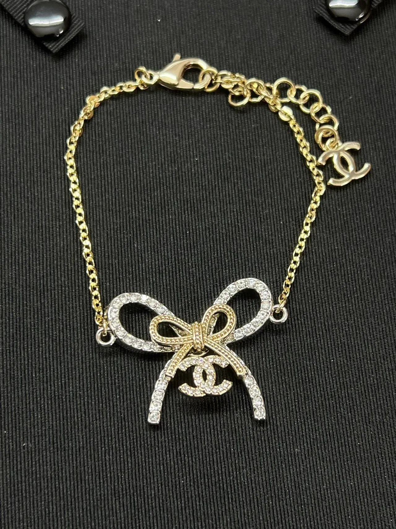 Chanel Bow Crystal Pendant Gold-Tone Chain Bracelet 5
