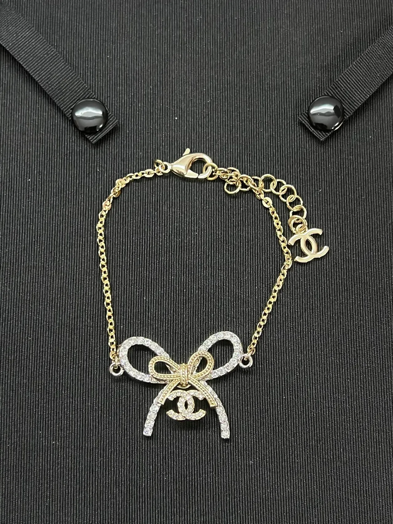 Chanel Bow Crystal Pendant Gold-Tone Chain Bracelet 6