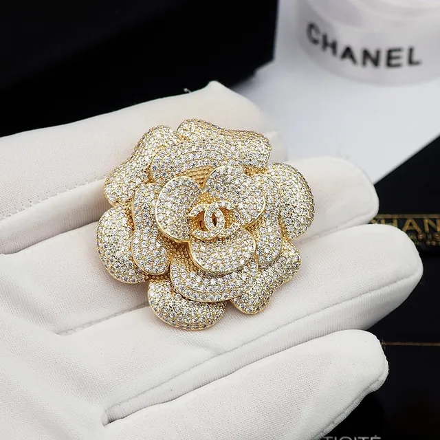 Chanel Camellia Brooch Gold-Tone Pavé Crystal Floral Brooch 5