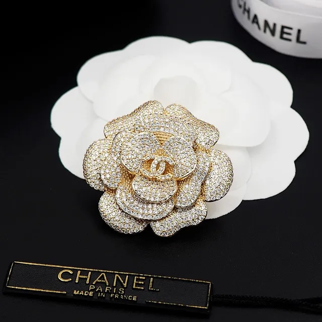 Chanel Camellia Brooch Gold-Tone Pavé Crystal Floral Brooch 7
