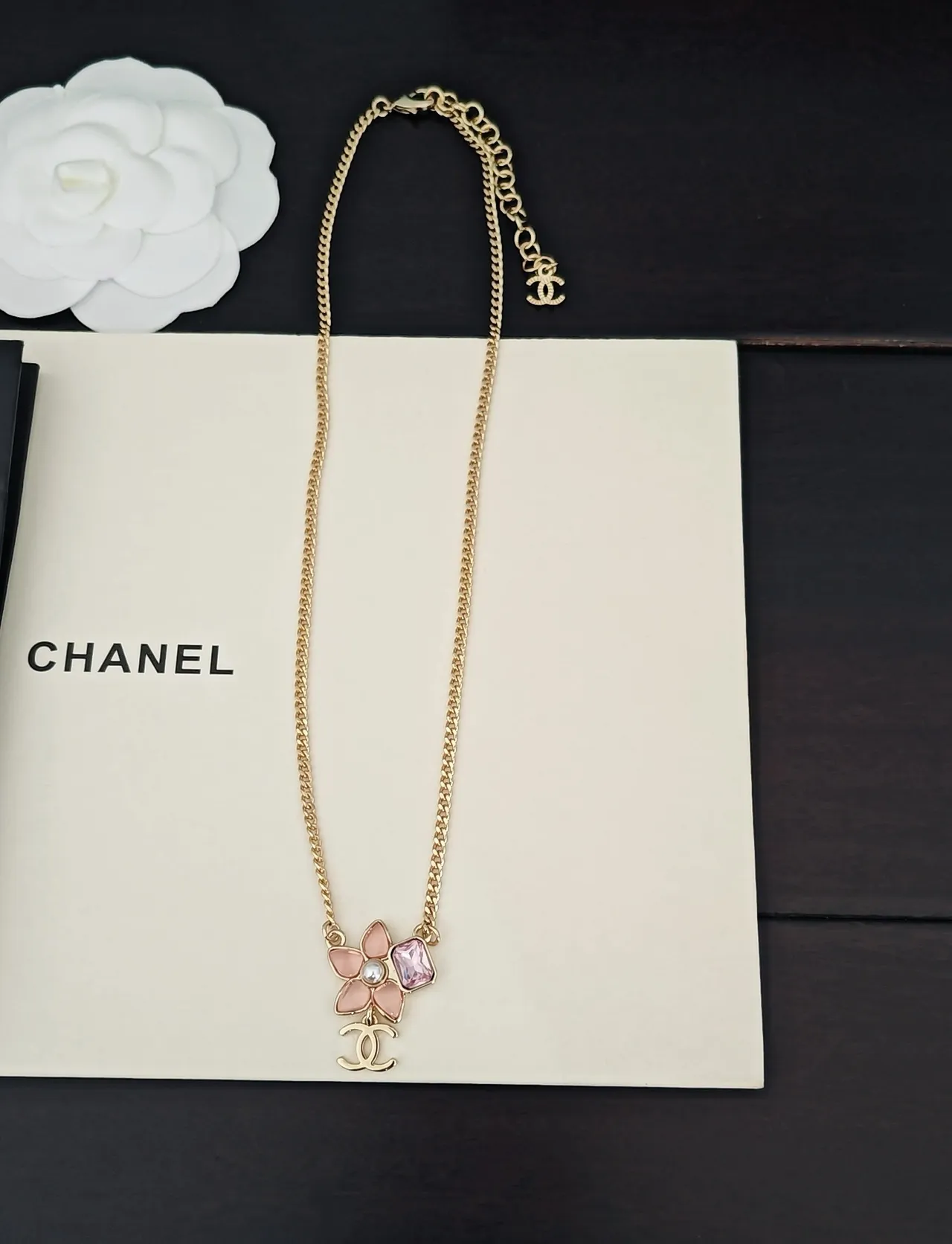 Chanel Camellia Flower Pink Enamel and Stone Necklace 2