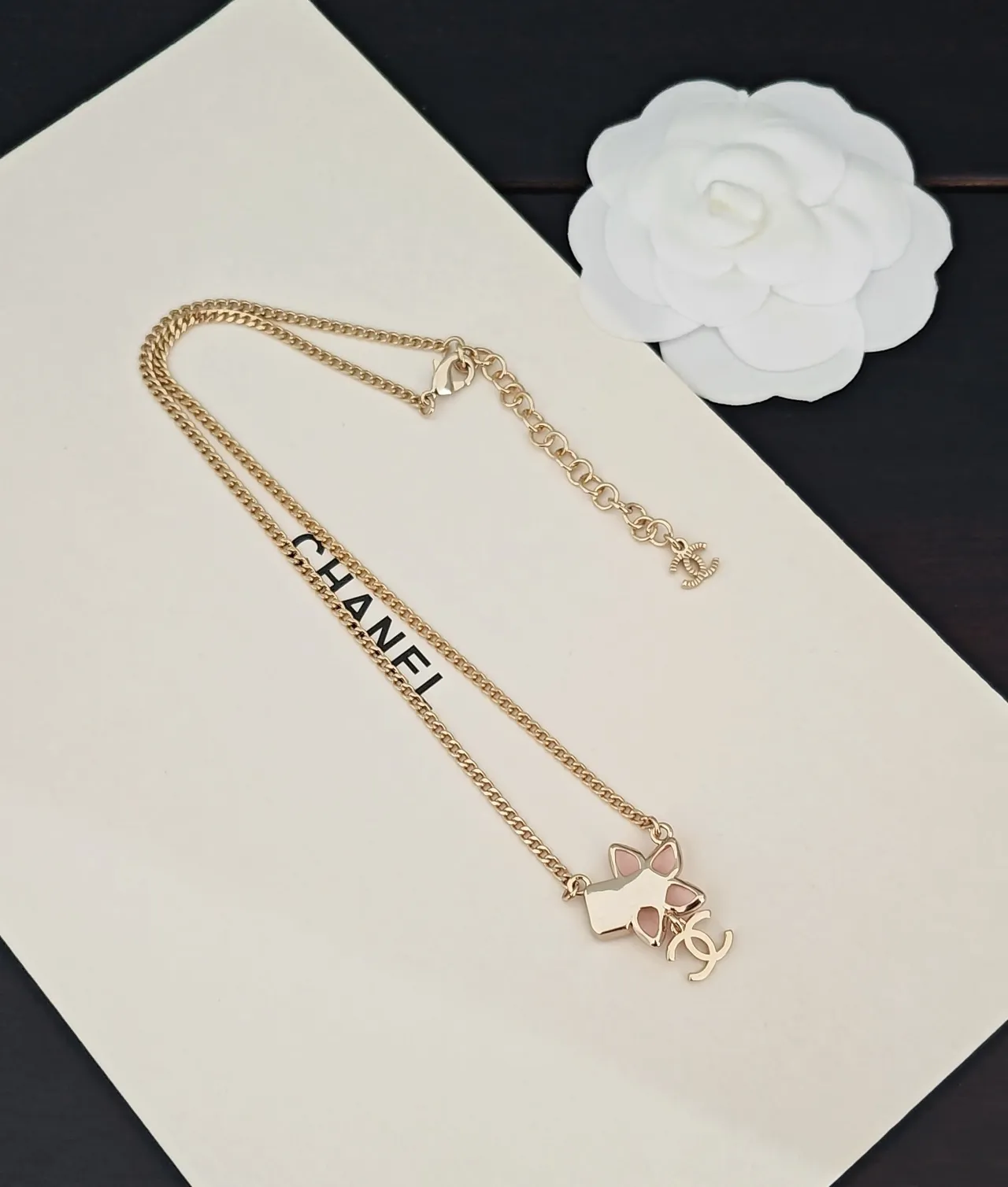 Chanel Camellia Flower Pink Enamel and Stone Necklace 3