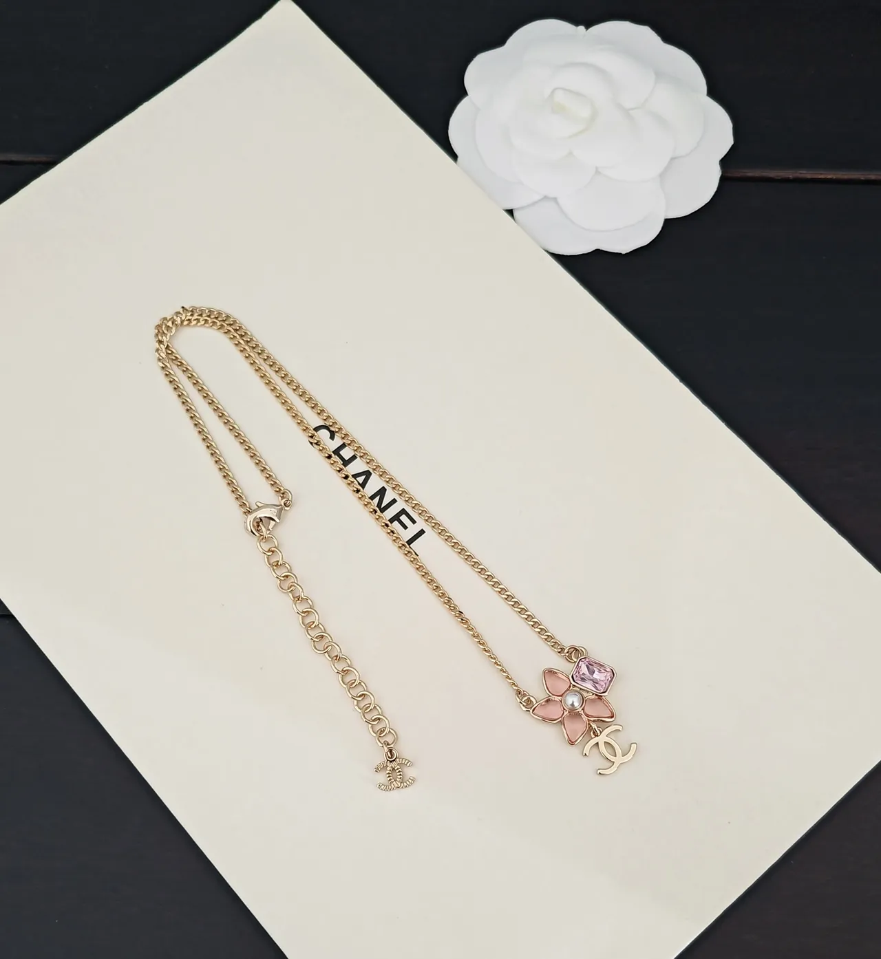 Chanel Camellia Flower Pink Enamel and Stone Necklace 4