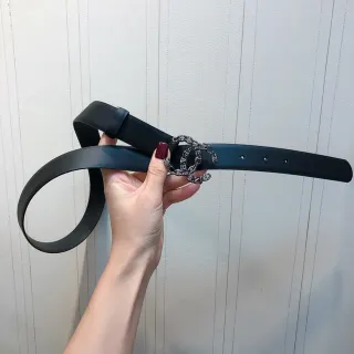 Chanel CC Belt কালো রূপা মসৃণ ক্রিস্টাল-সজ্জিত interlocking বাকল চামড়ার বেল্ট