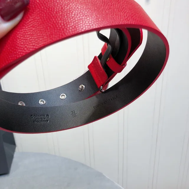 Chanel CC Belt Red Black Textured Silver-Tone Buckle Leather Belt 4