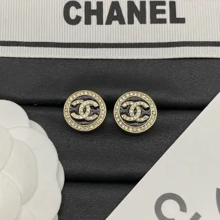 Chanel CC Logo Stud Pendientes Negro y Oro Circular Esmaltados
