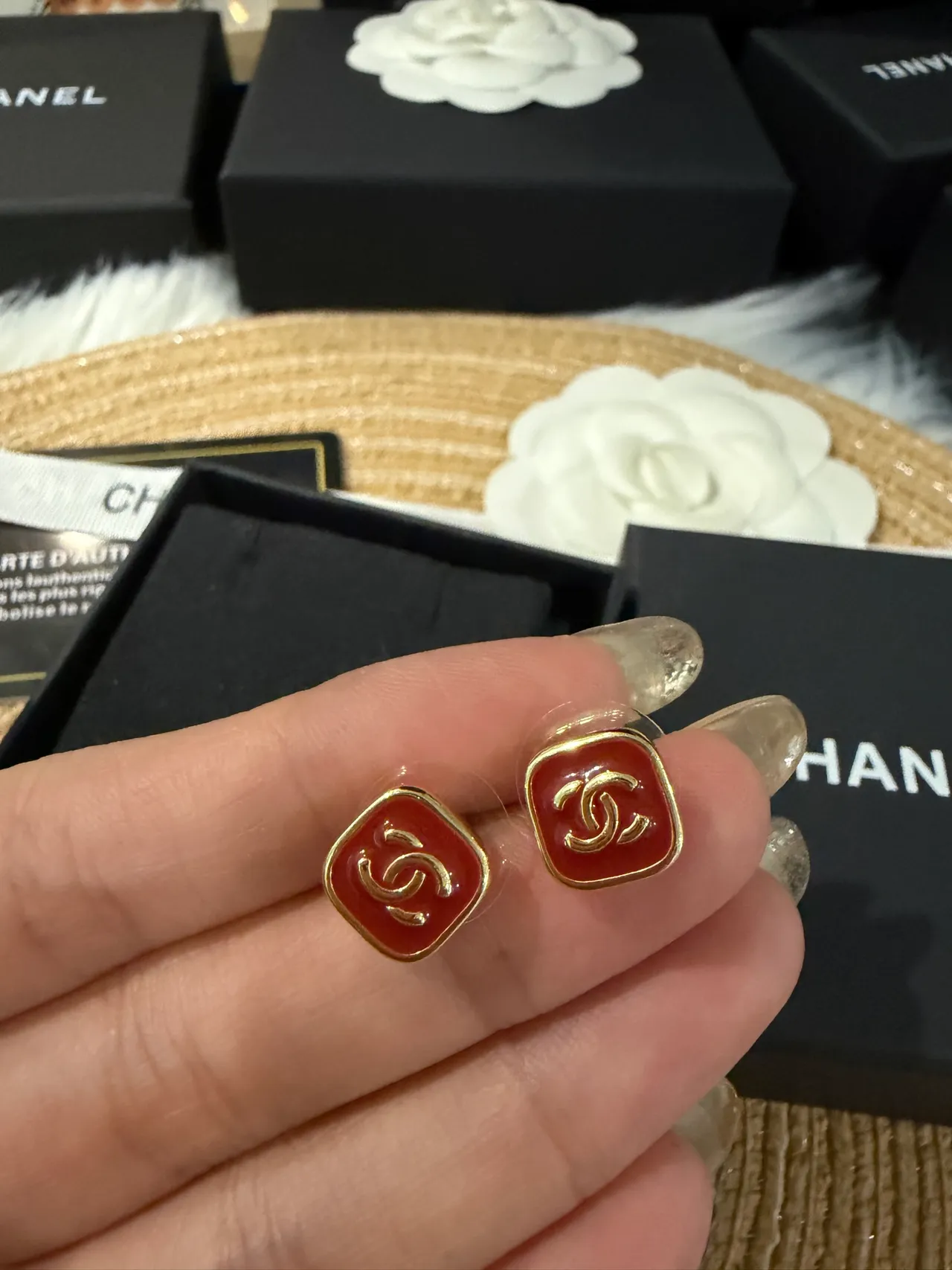 Chanel CC Square Red Enamel Gold-Tone Stud Earrings 5
