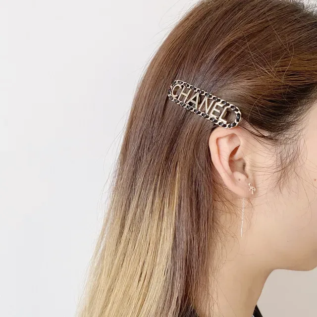 Chanel Chain and Leather Logo Hair Clip Brooch 2