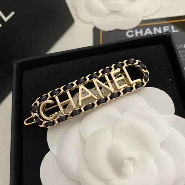 Chanel Chain and Leather Logo Hair Clip Brooch 4