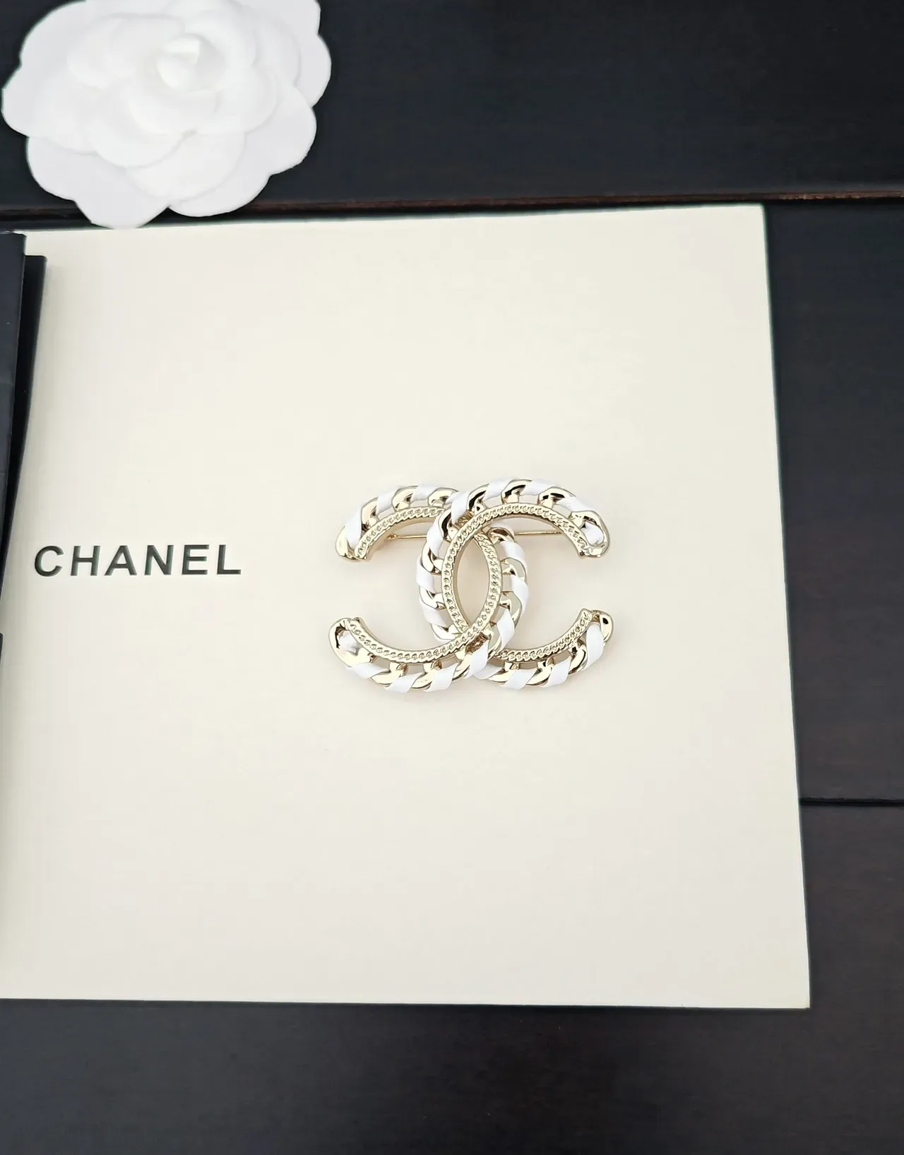 Chanel Chain CC Brooch Gold and White Brooches 4
