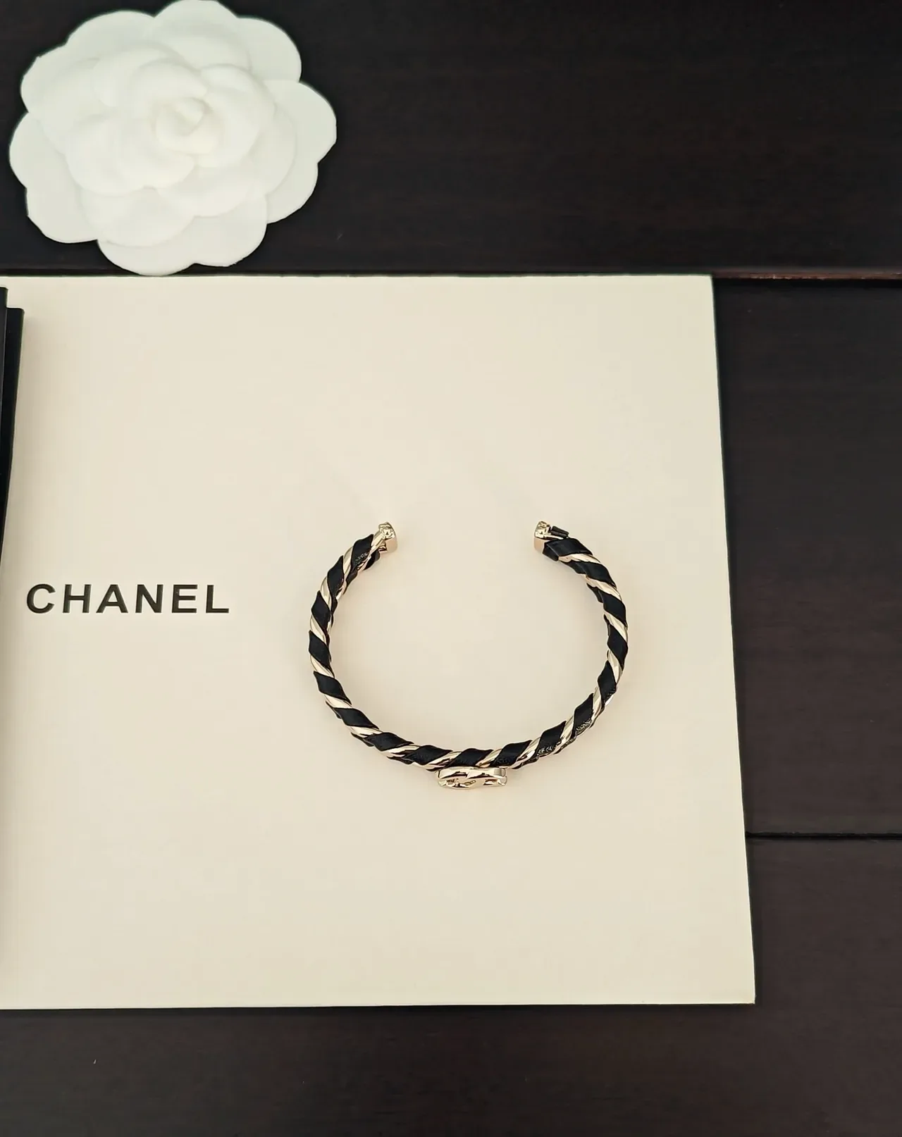 Chanel Chain Cuff Black Gold Leather-Wrapped Links Bracelet 2