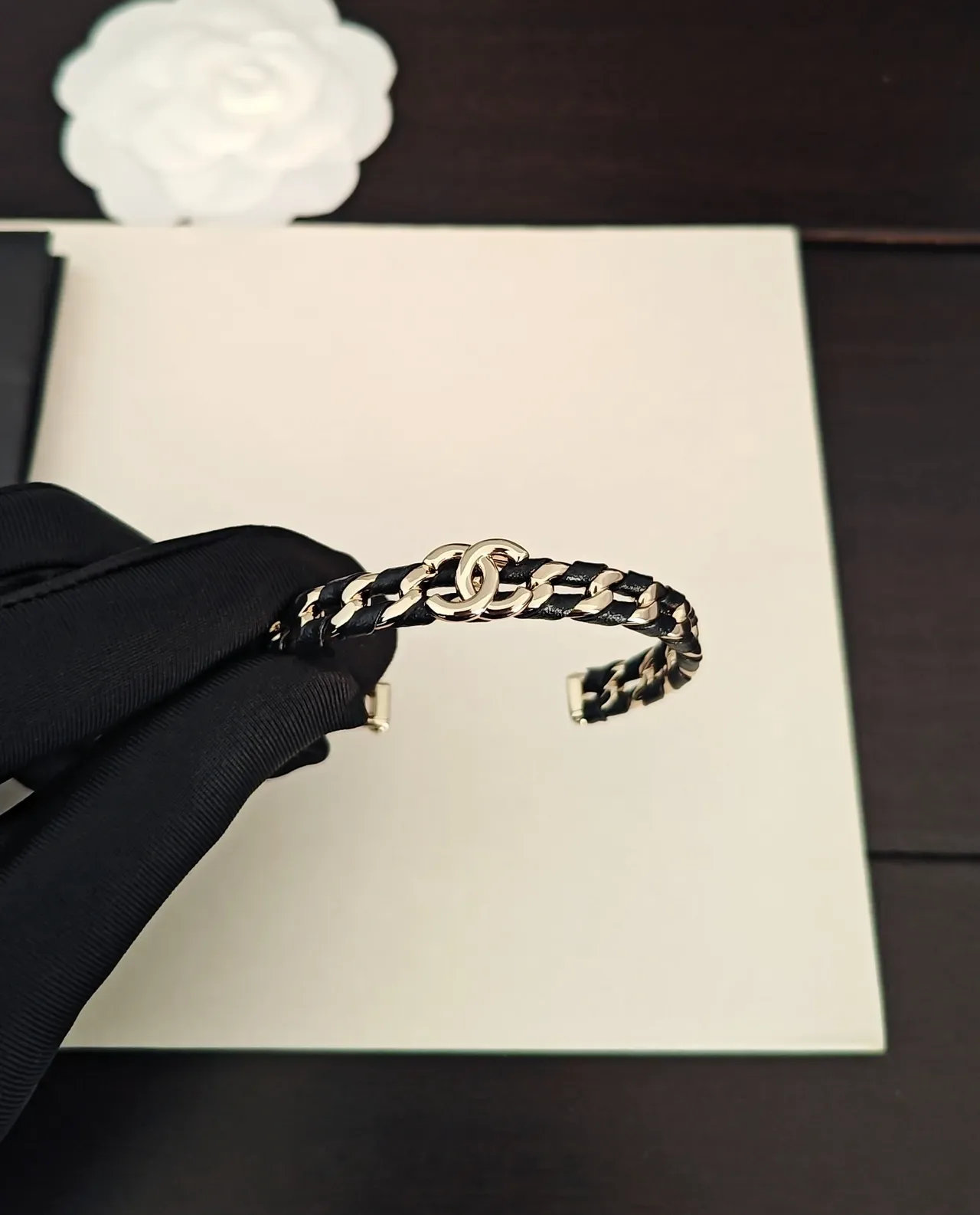 Chanel Chain Cuff Black Gold Leather-Wrapped Links Bracelet 3