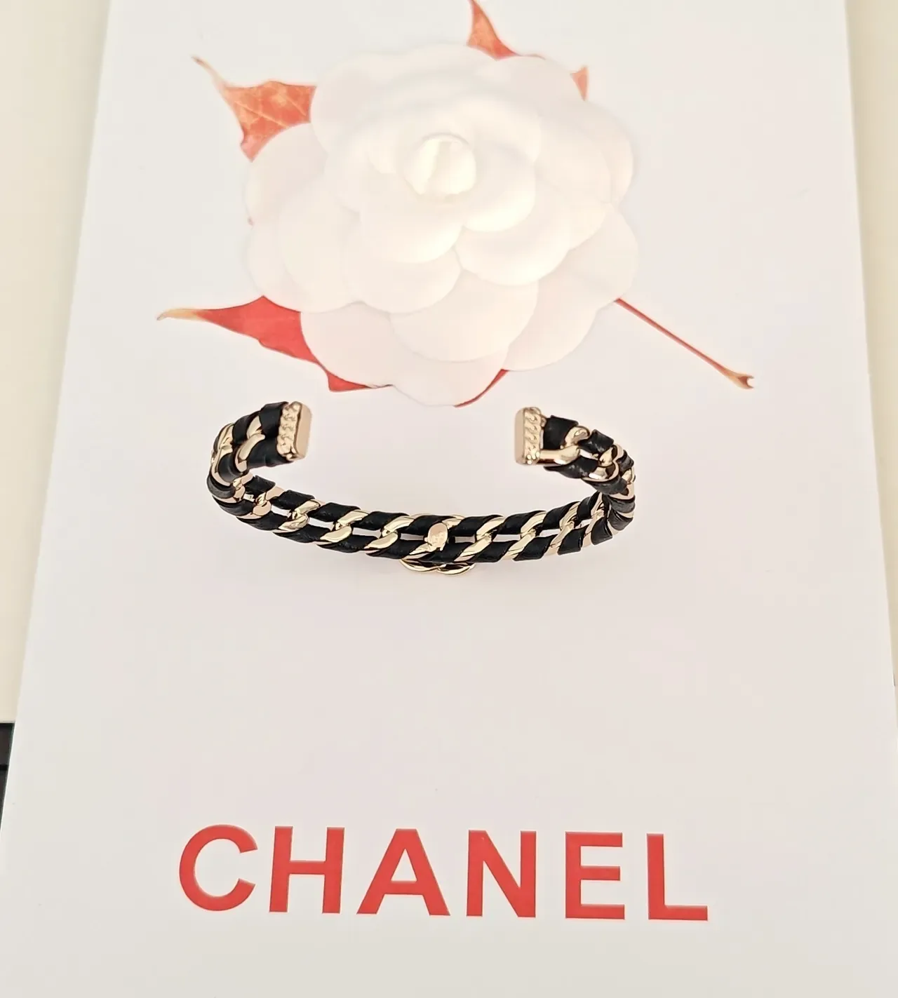 Chanel Chain Cuff Black Gold Leather-Wrapped Links Bracelet 4
