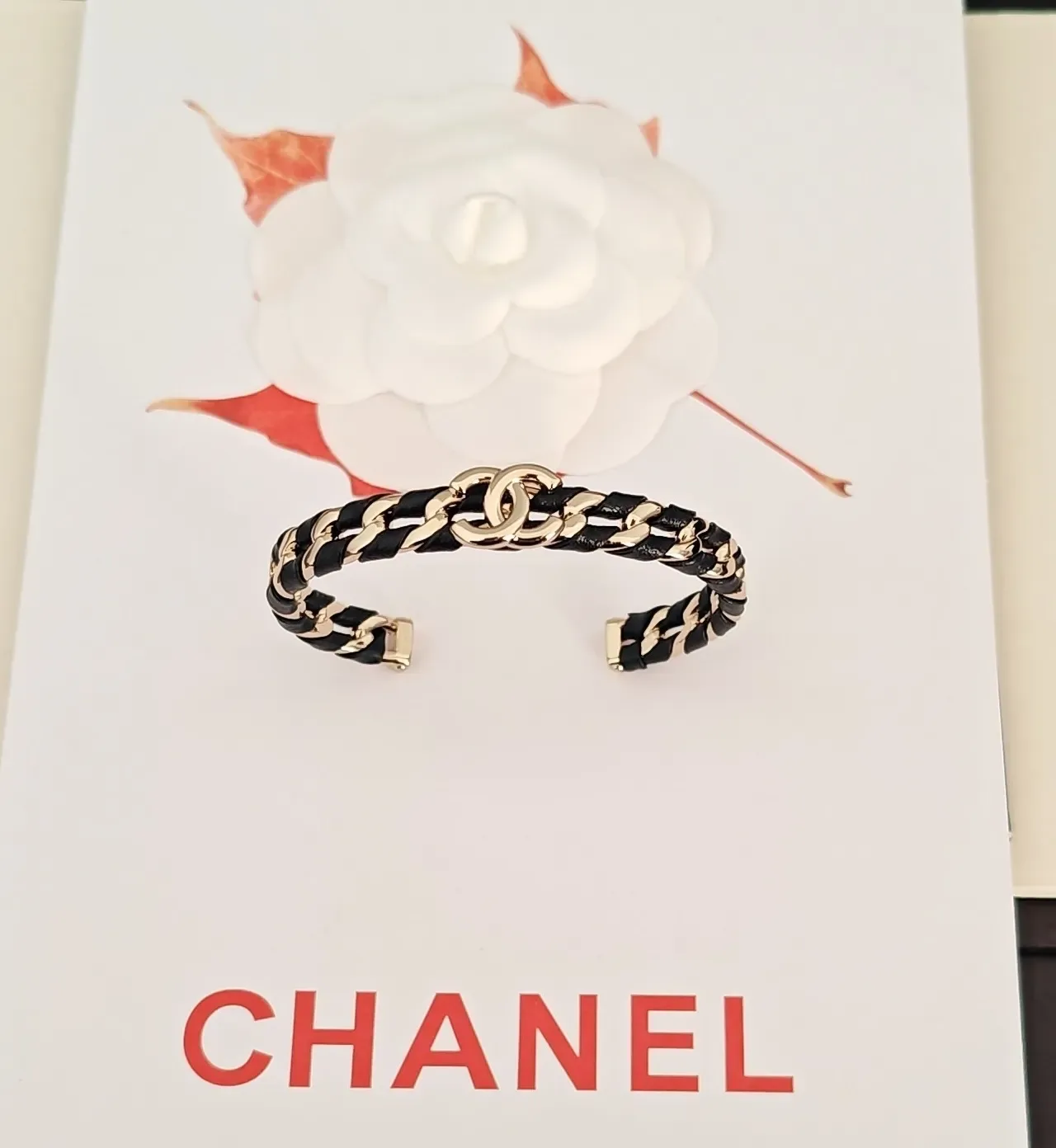 Chanel Chain Cuff Black Gold Leather-Wrapped Links Bracelet 5