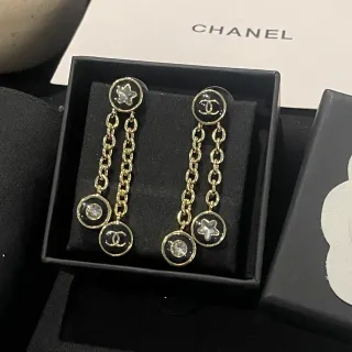 Chanel أقراط ذهبية سوداء سلاسل ربط قطرة دوائر مينا