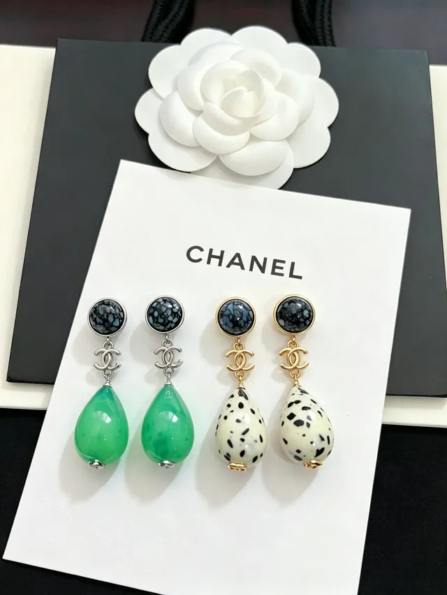 Chanel Verde Preto Pêndulo Gota Pedra Com Manchas Superior Brincos 2