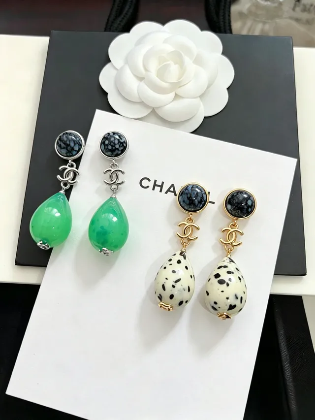 Chanel Verde Preto Pêndulo Gota Pedra Com Manchas Superior Brincos 3