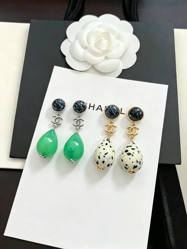 Chanel Verde Preto Pêndulo Gota Pedra Com Manchas Superior Brincos 4