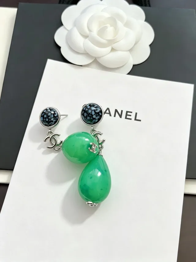 Chanel Verde Preto Pêndulo Gota Pedra Com Manchas Superior Brincos 5