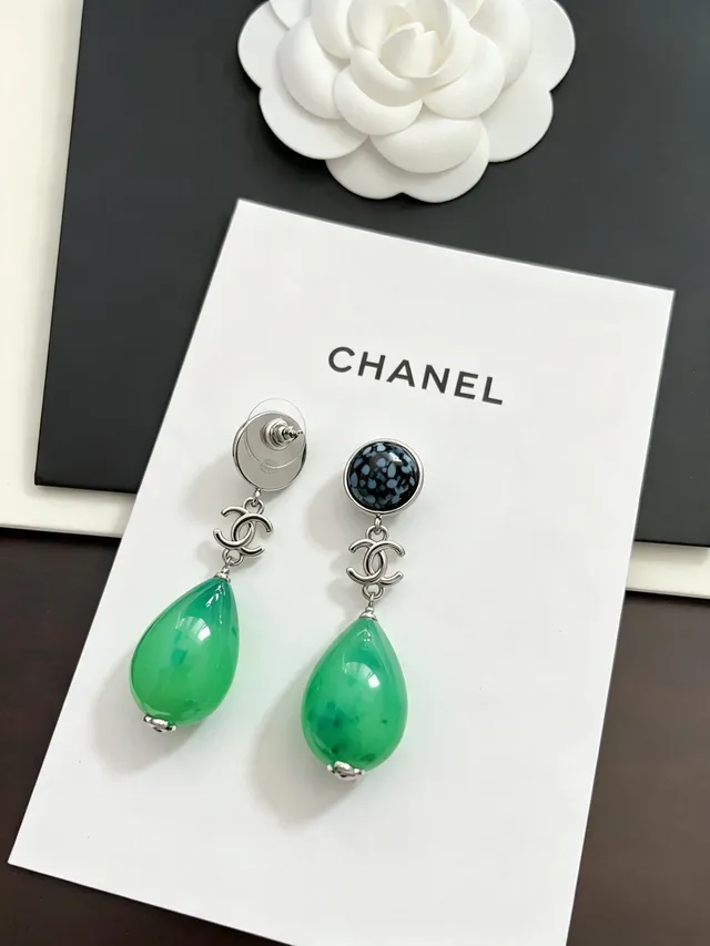 Chanel Verde Preto Pêndulo Gota Pedra Com Manchas Superior Brincos 6
