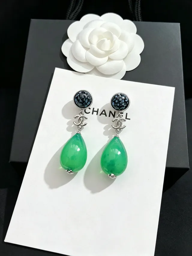 Chanel Verde Preto Pêndulo Gota Pedra Com Manchas Superior Brincos 7