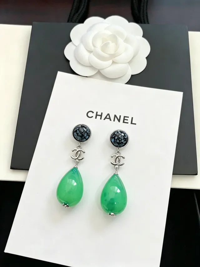 Chanel Verde Preto Pêndulo Gota Pedra Com Manchas Superior Brincos 8