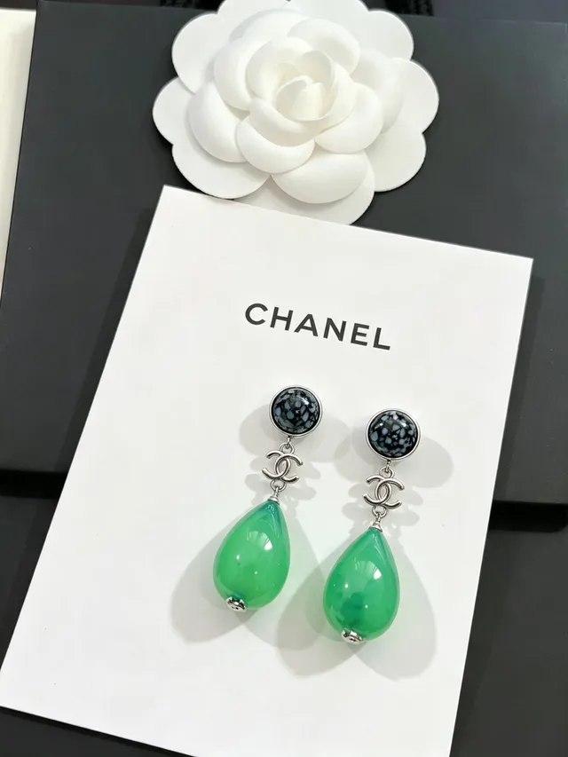Chanel Verde Preto Pêndulo Gota Pedra Com Manchas Superior Brincos 9