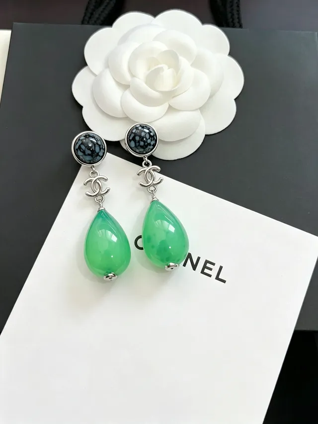Chanel Verde Preto Pêndulo Gota Pedra Com Manchas Superior Brincos 10
