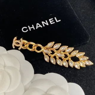 Chanel पत्ती लत क्रिस्टल ब्रोच सुनहरा सफेद चेन-लिंक मार्क्वाइज-कट पत्तियां ब्रोच