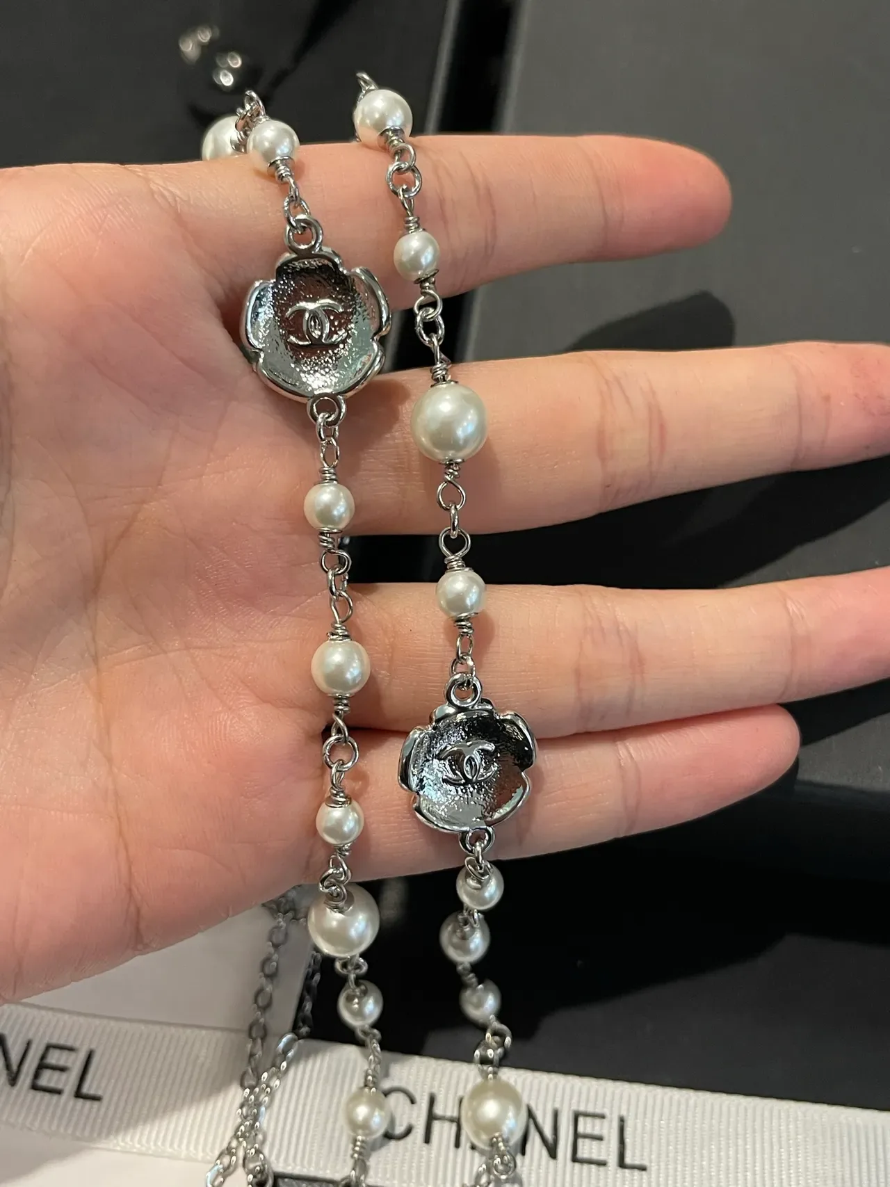 Chanel Pearl Necklace White Silver Double-Strand Metal Chain Necklace 2