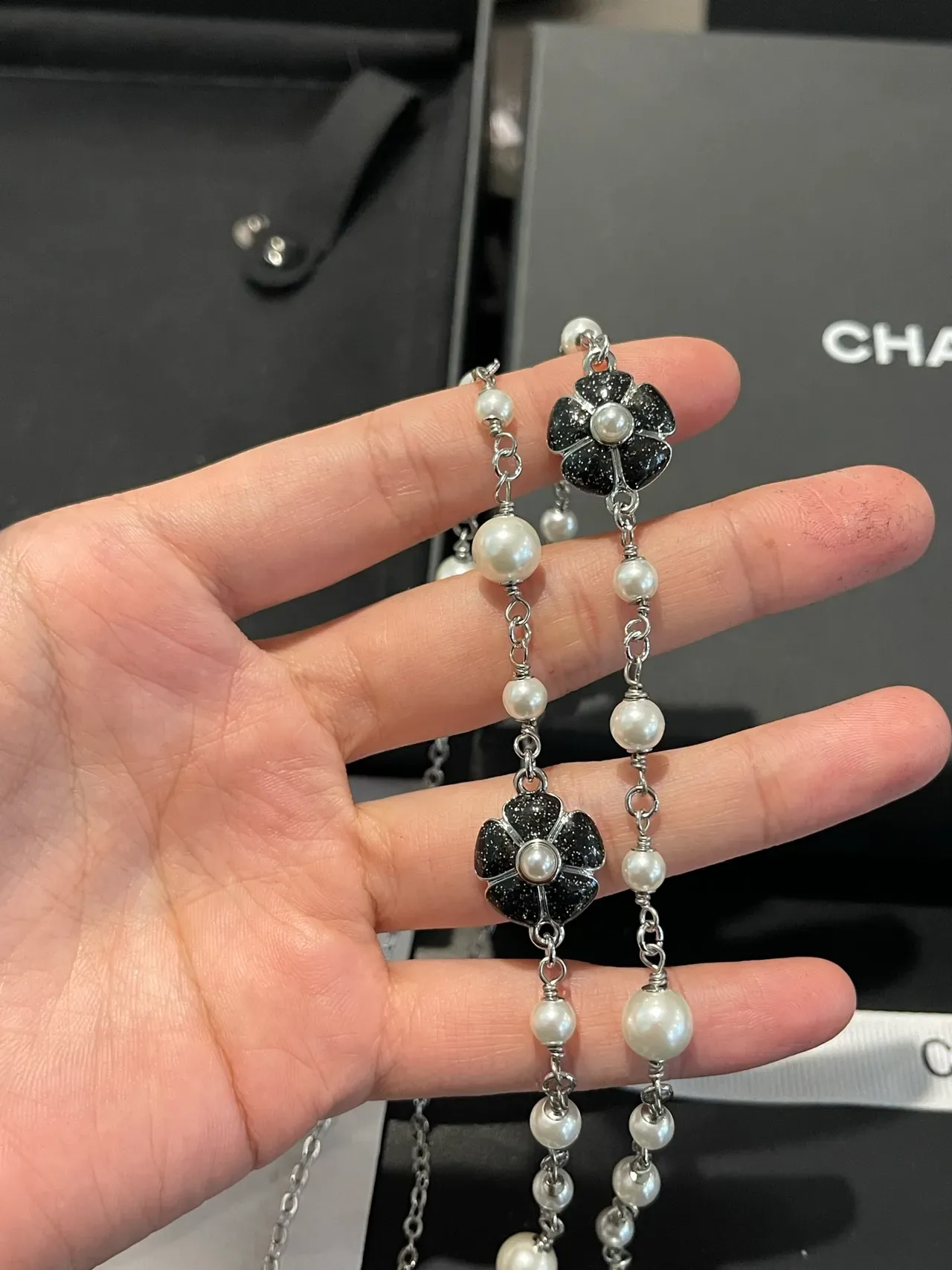 Chanel Pearl Necklace White Silver Double-Strand Metal Chain Necklace 3