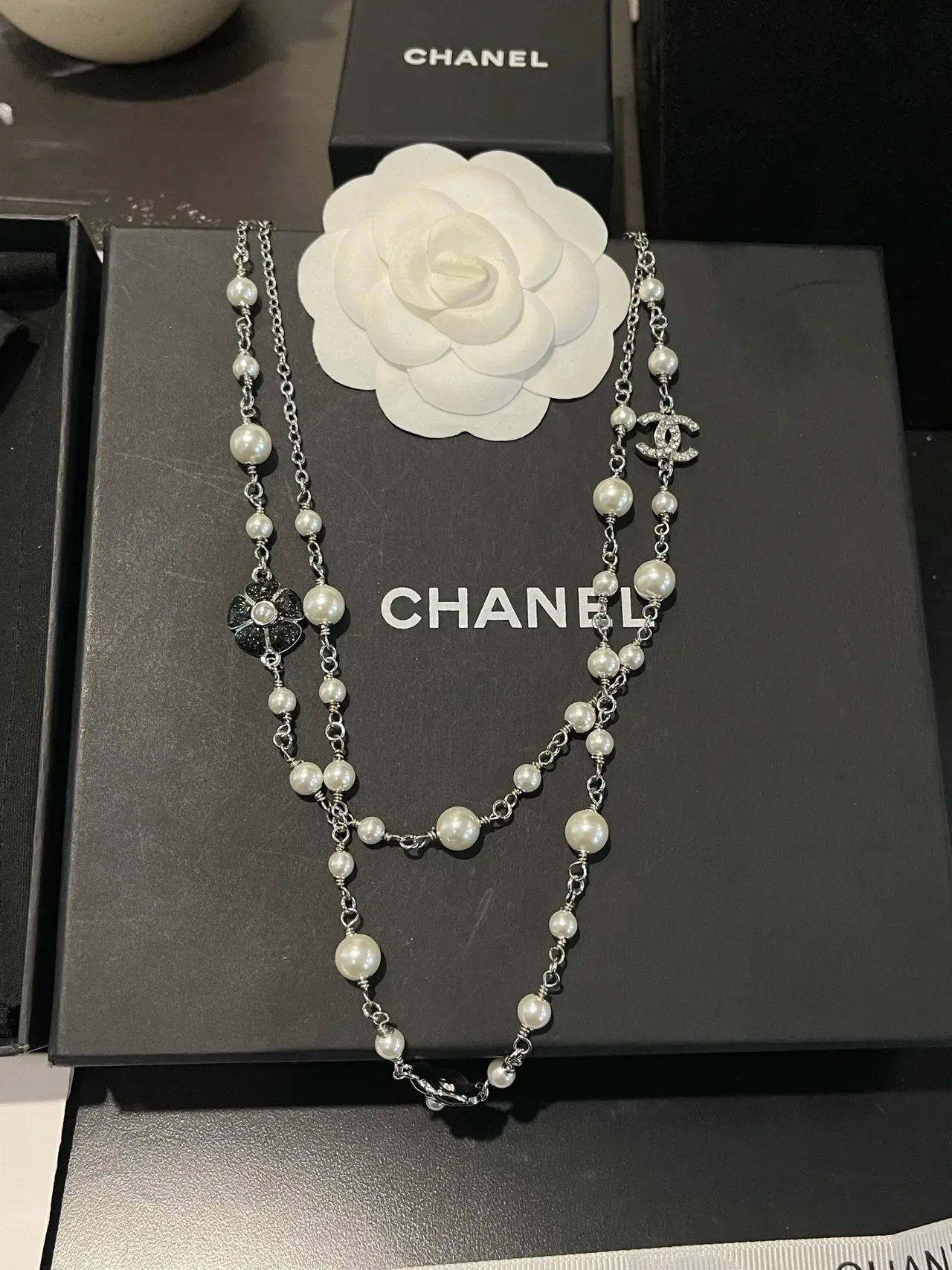 Chanel Pearl Necklace White Silver Double-Strand Metal Chain Necklace 4