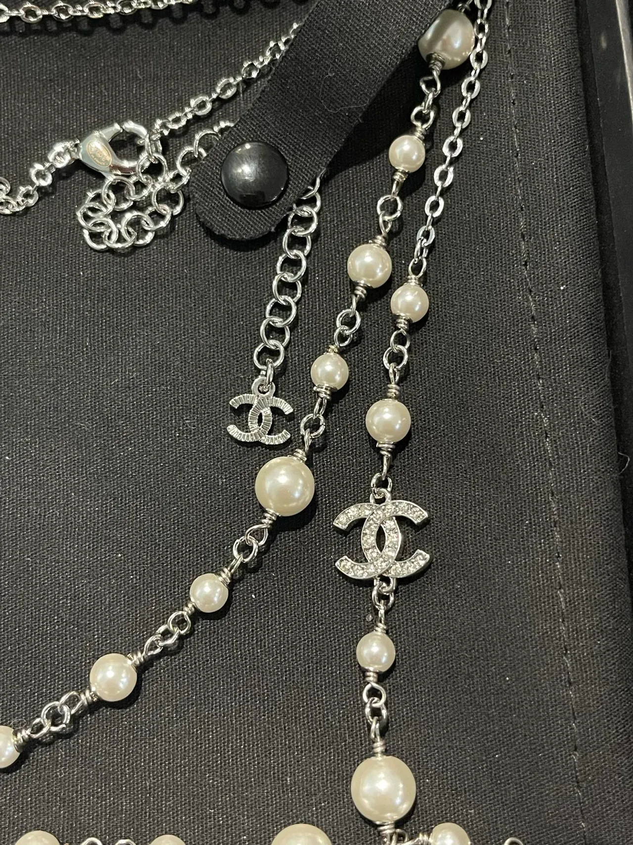 Chanel Pearl Necklace White Silver Double-Strand Metal Chain Necklace 6