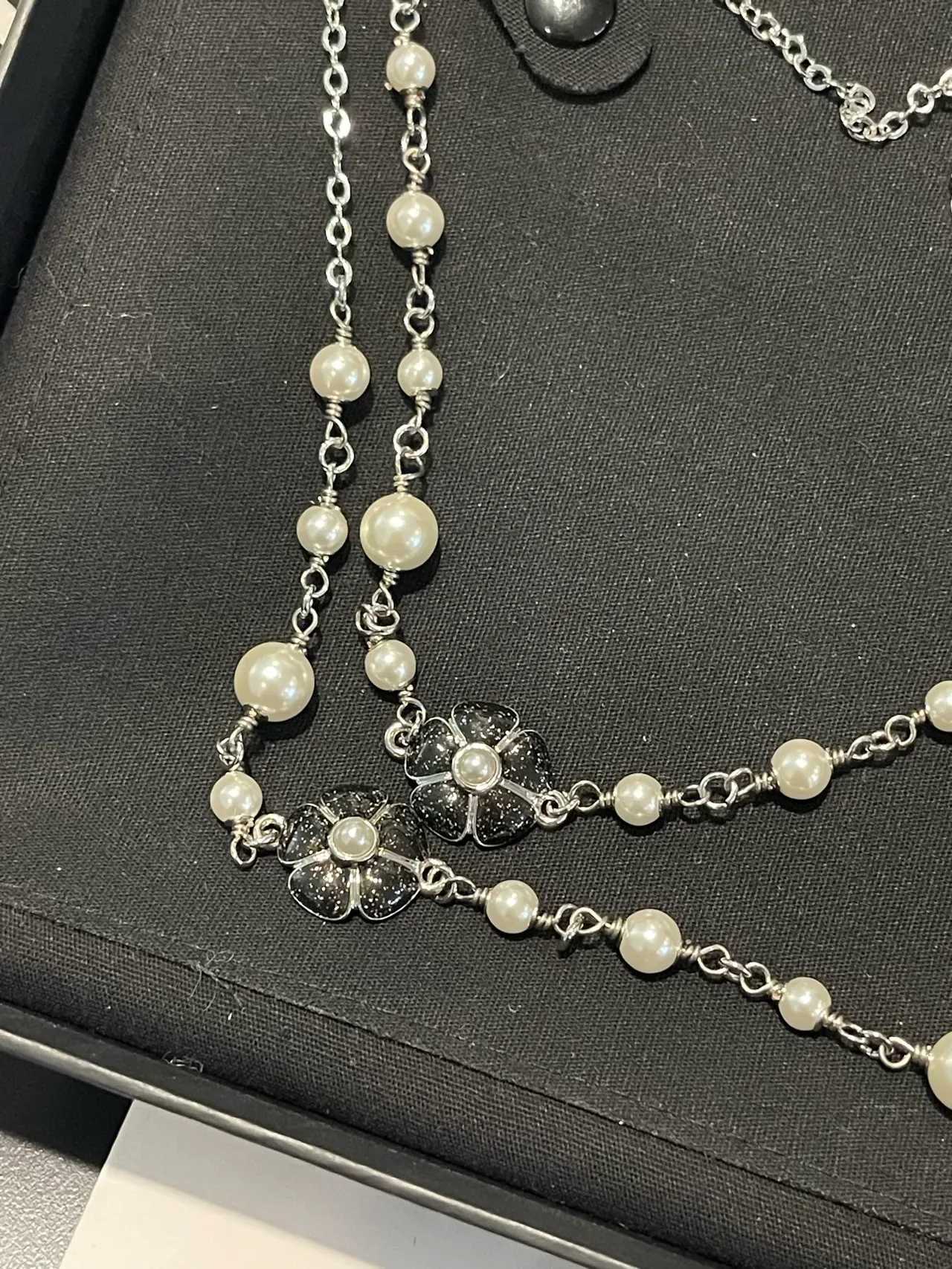 Chanel Pearl Necklace White Silver Double-Strand Metal Chain Necklace 7