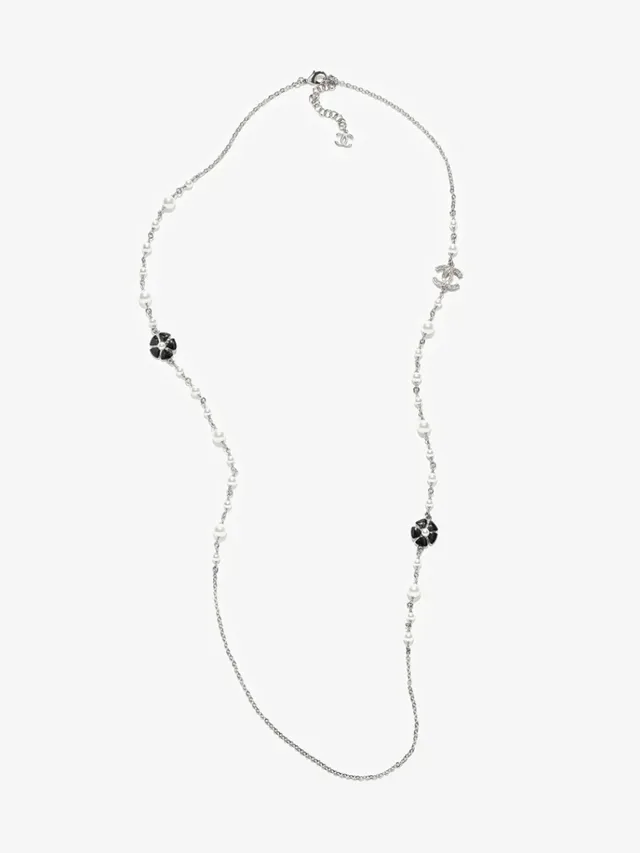 Chanel Pearl Necklace White Silver Double-Strand Metal Chain Necklace 9