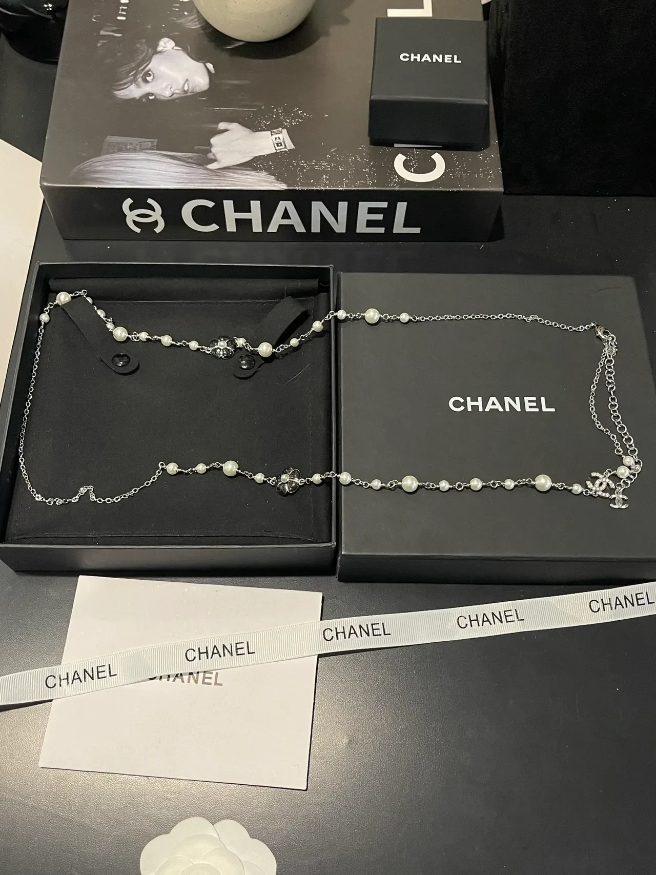 Chanel Pearl Necklace White Silver Double-Strand Metal Chain Necklace 10
