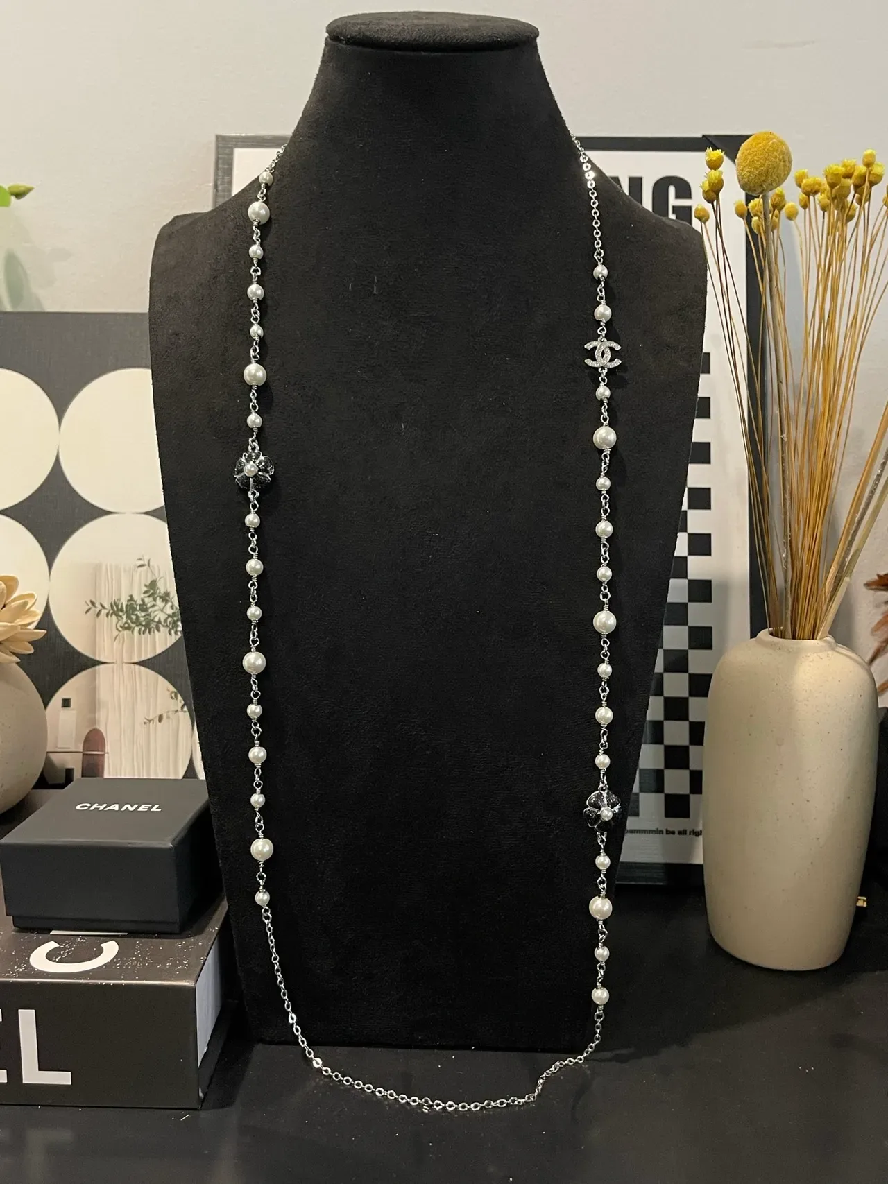 Chanel Pearl Necklace White Silver Double-Strand Metal Chain Necklace 11