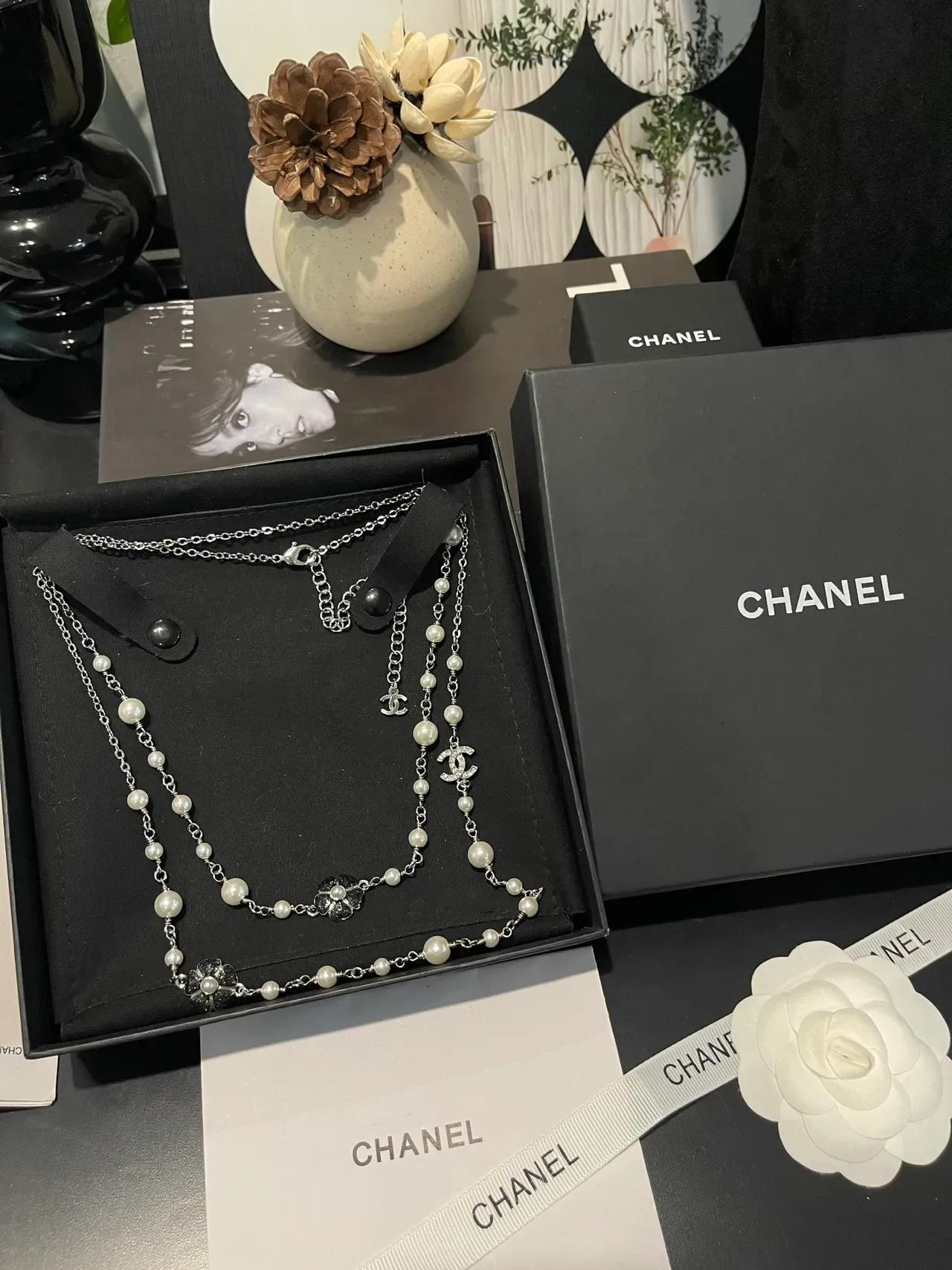 Chanel Pearl Necklace White Silver Double-Strand Metal Chain Necklace 12