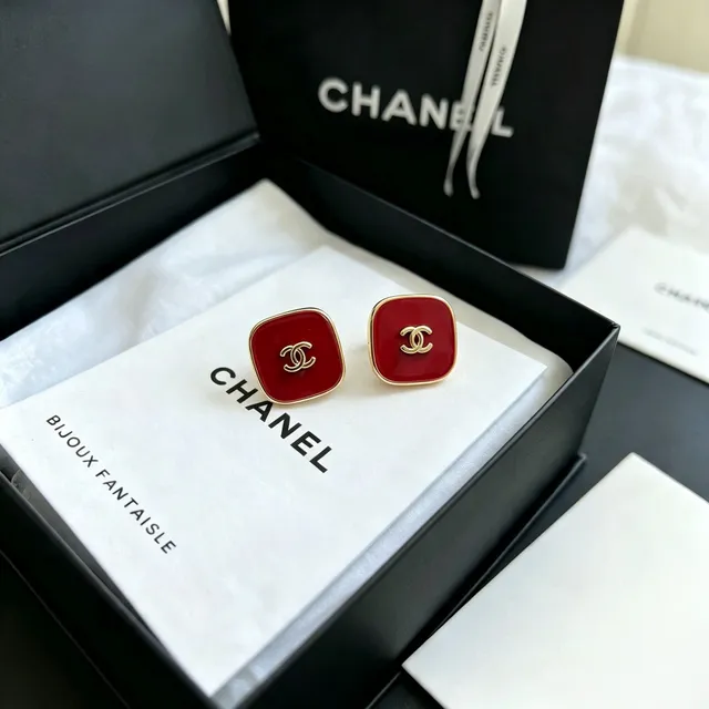 Chanel Red Enamel Square CC Logo Stud Earrings 6